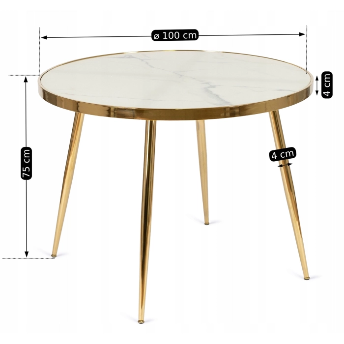 Stół TINGA 100 cm Szklany Biały Marmur/Złoty
