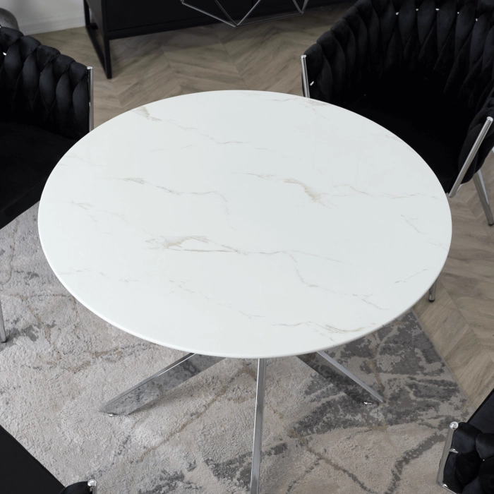 Stół SOUL Szklany 100 cm Biały Marmur/Srebrny