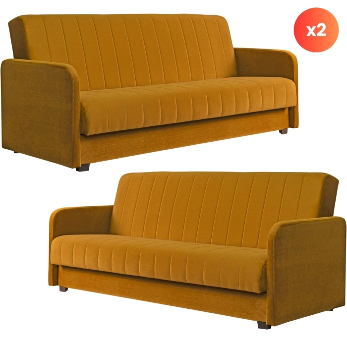 Zestaw 2x Sofa Rozkładana PORTO Musztardowa Welurowa