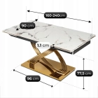 Stół IBIZA Ceramiczny Rozkładany 160-240 cm Biały Marmur/Złoty
