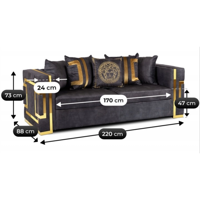 Sofa PALLAZO 3S Trzyosobowa Czarny/Złoty