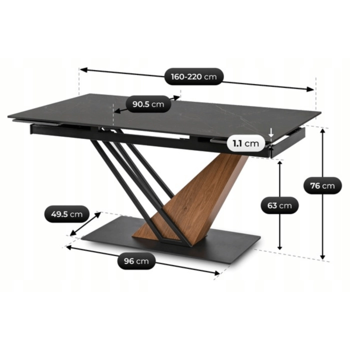 Stół REX Ceramiczny Rozkładany 160-220 cm Czarny Marmur/Orzech