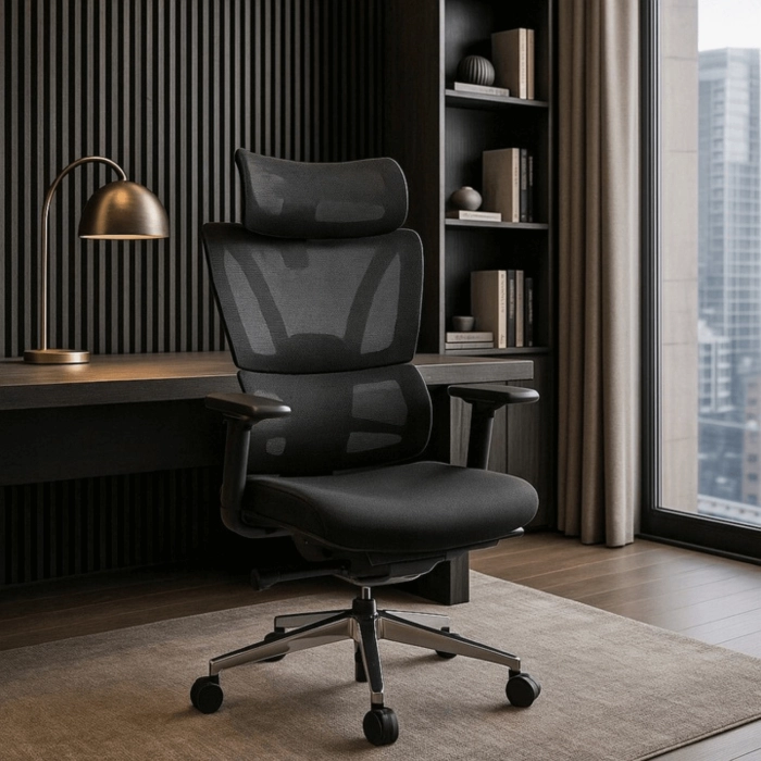 Fotel Obrotowy DELSIN Ergonomiczny Czarny Z Podnóżkiem