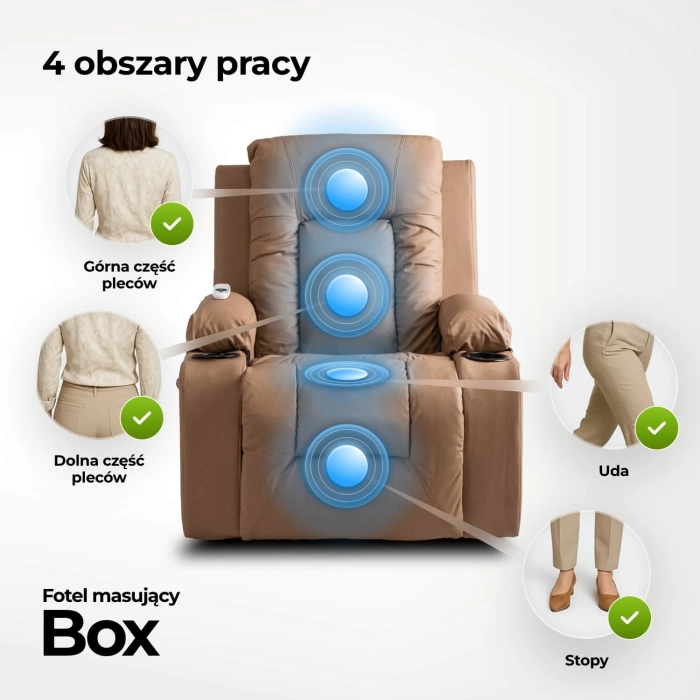 Fotel Masujący BOX Rozkładany z Podnóżkiem Karmelowy Ekoskóra