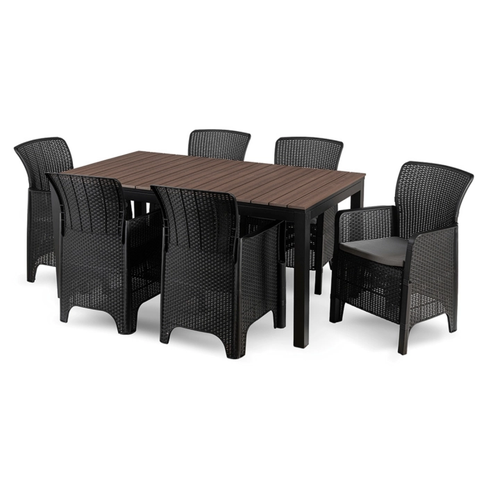 Zestaw Mebli Ogrodowych Stół ARGOS 160-260 cm Orzech i 6 Foteli FRESNO Czarnych