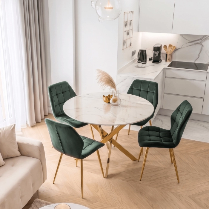 Stół BALI Szklany 100 cm Biały Marmur/Złoty