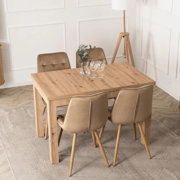 Zestaw Stół SKUBI 120-160 cm Dąb Artisan i 4 Krzesła RODRI Beżowe