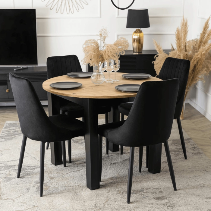 Zestaw Stół HARRY 102-142 cm Dąb Artisan/Czarny i 4 Krzesła BARI Czarne