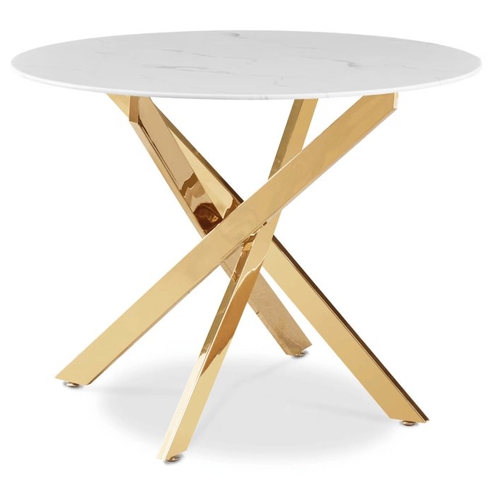Zestaw Stół BALI 100 cm Biały Marmur/Złoty i 4 Krzesła LUCKY Zielone ze Złotą Nogą
