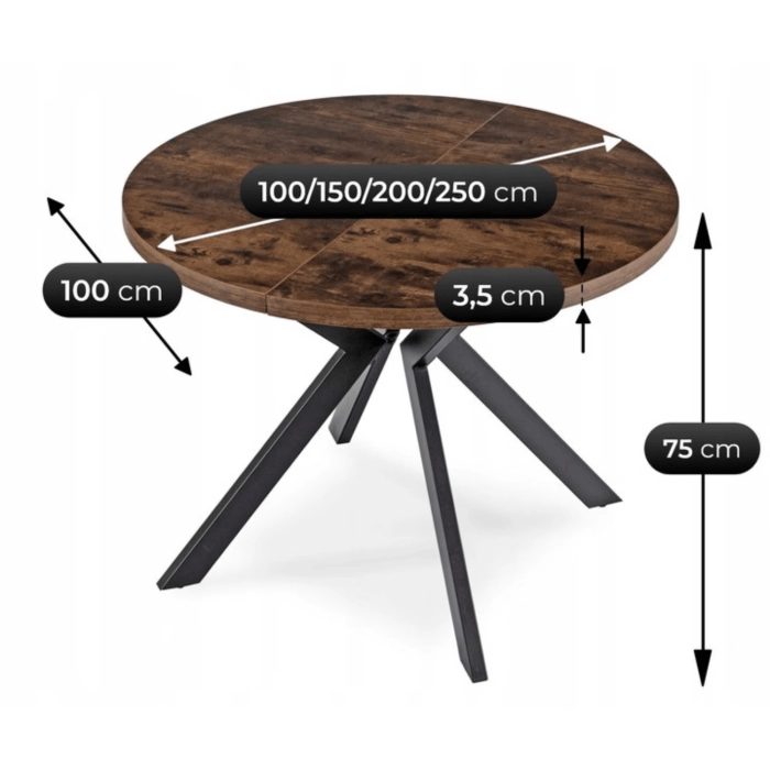 Zestaw Stół LUKAS 100-250 cm Dąb Rustykalny/Czarny i 4 Krzesła RICK Brązowe