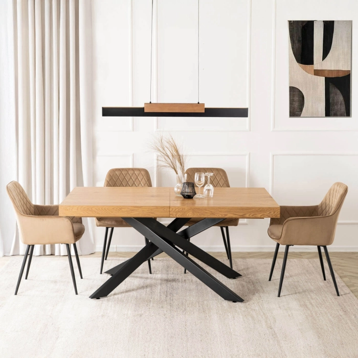 Zestaw Stół HAMPTON 160-240 cm Dąb/Czarny i 4 Krzesła BRESSO Beżowe
