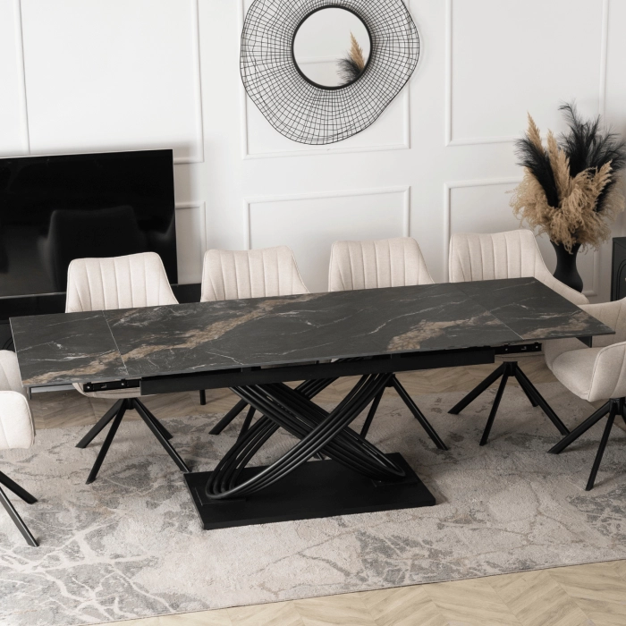 Zestaw Stół IBIZA 160-240 cm Czarny Marmur/Czarny i 4 Krzesła MUMBAI Kremowe