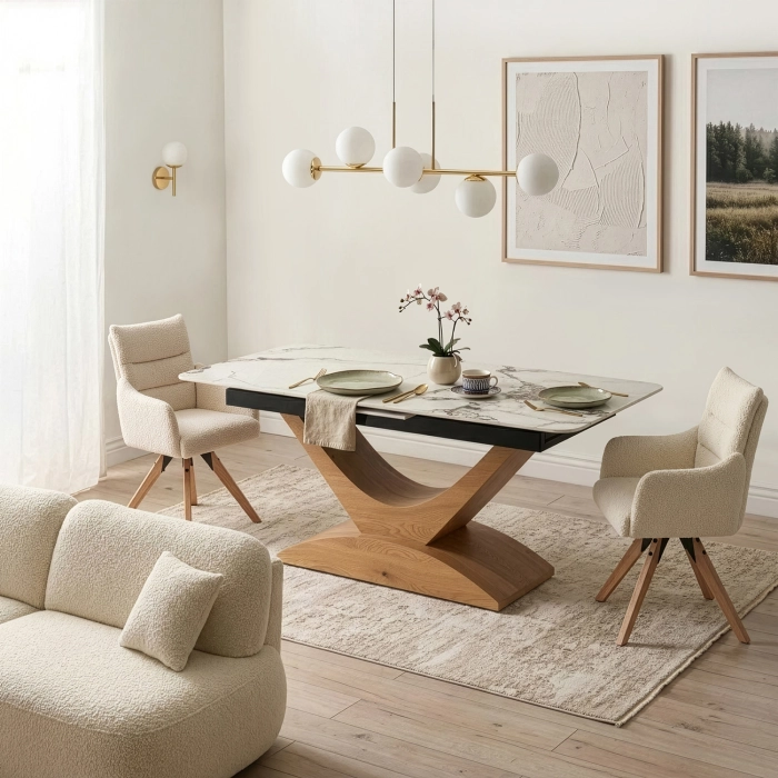 Stół ALICANTE Ceramiczny Rozkładany 160-200 cm Biały Marmur/Dąb