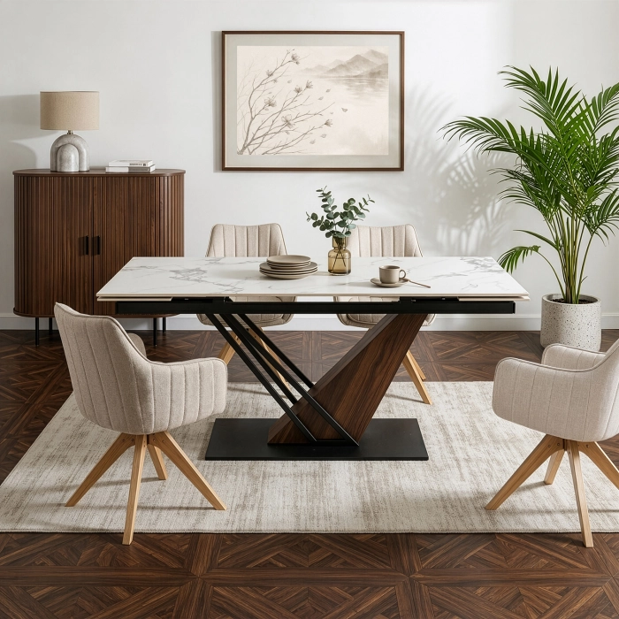Stół REX 2 Ceramiczny Rozkładany 180-240 cm Biały Marmur/Orzech