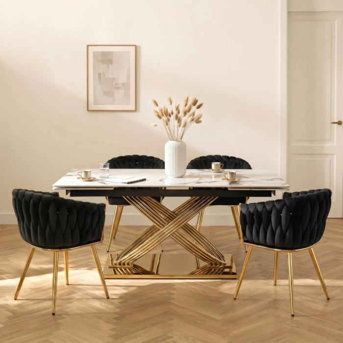 Stół IBIZA Ceramiczny Rozkładany 160-240 cm Biały Marmur/Złoty