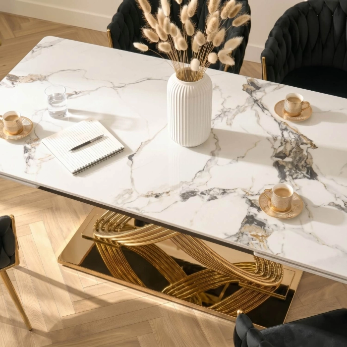 Stół IBIZA Ceramiczny Rozkładany 160-240 cm Biały Marmur/Złoty