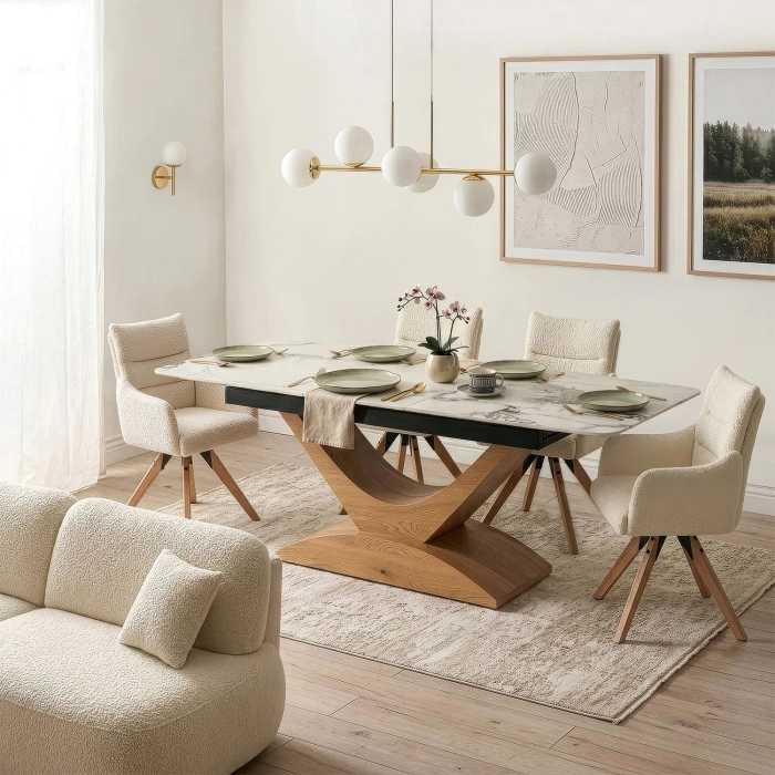 Stół ALICANTE Ceramiczny Rozkładany 160-200 cm Biały Marmur/Dąb