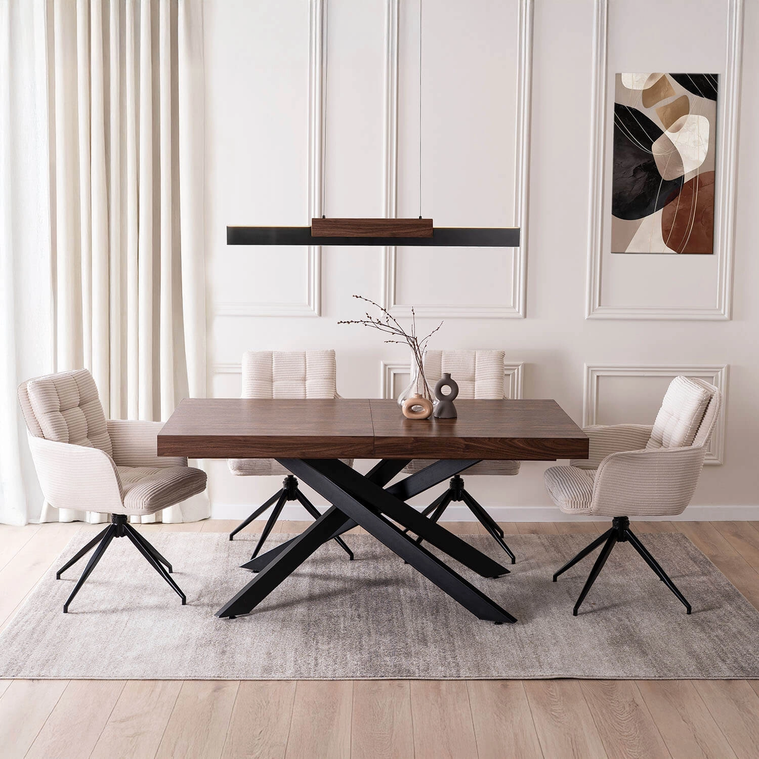 Zostava stôl HAMPTON 160-240 cm orech/čierna +  4x stolička AKITA krémová